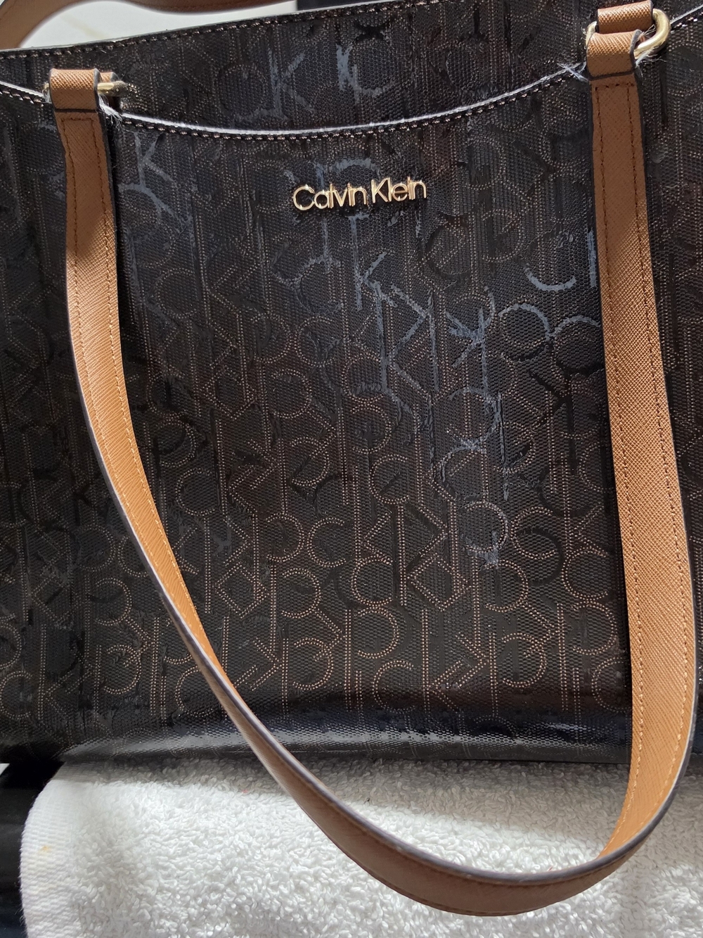 Calvin Klein Brown CK Monogram Tote Bag with Tan Handles